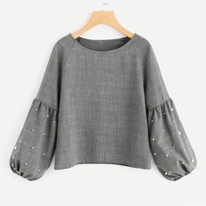 Lantern Sleeve Pearl Beaded Blouse